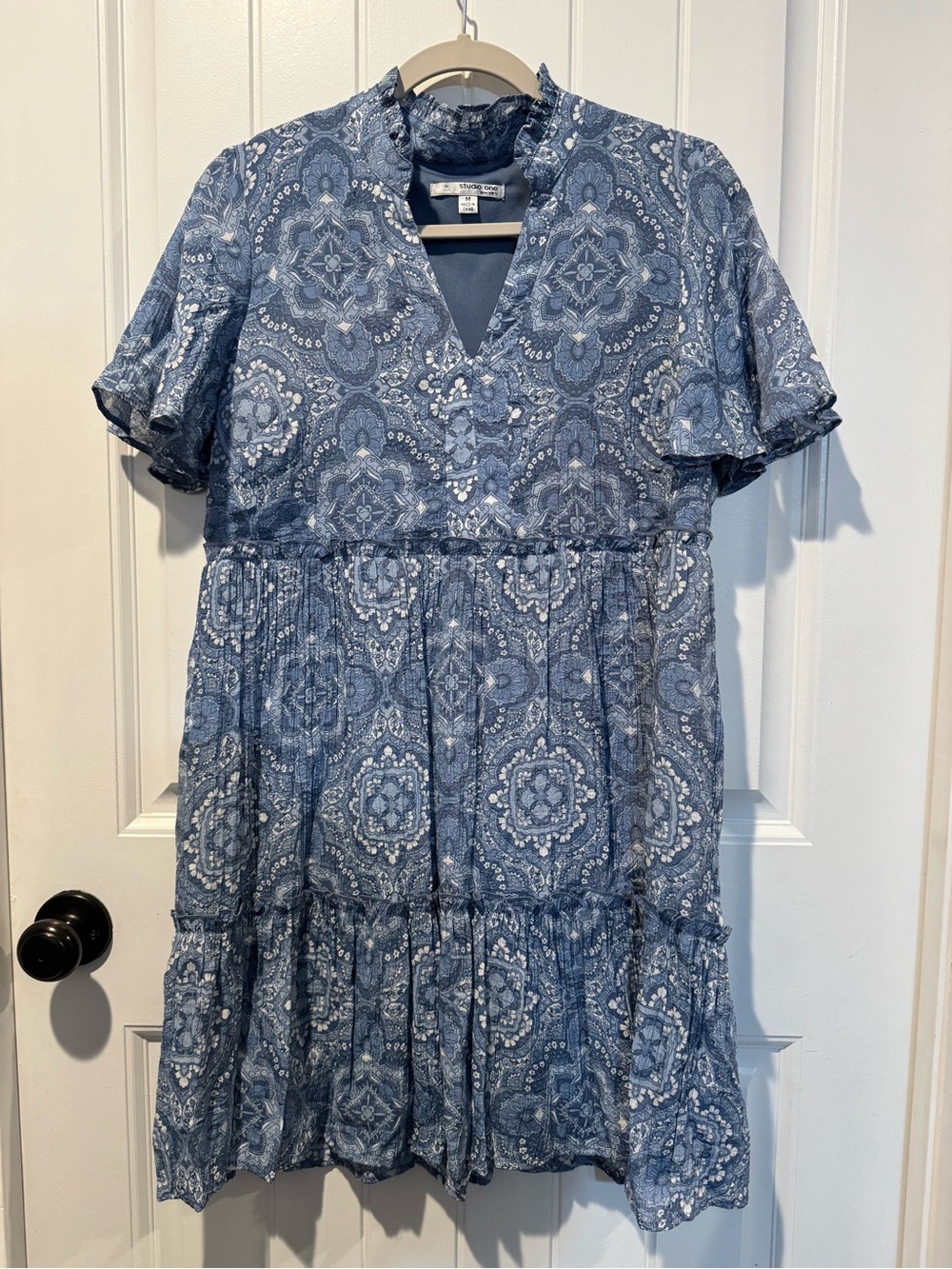 Blue Paisley Tiered Boho Mini Dress Medium